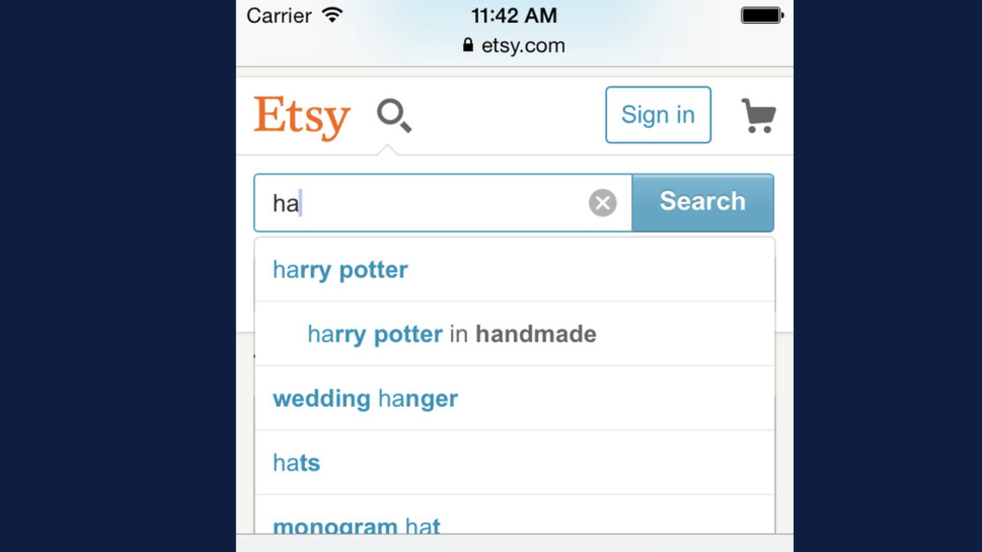 Slide image: autocomplete on Etsy completes ha with harry potter