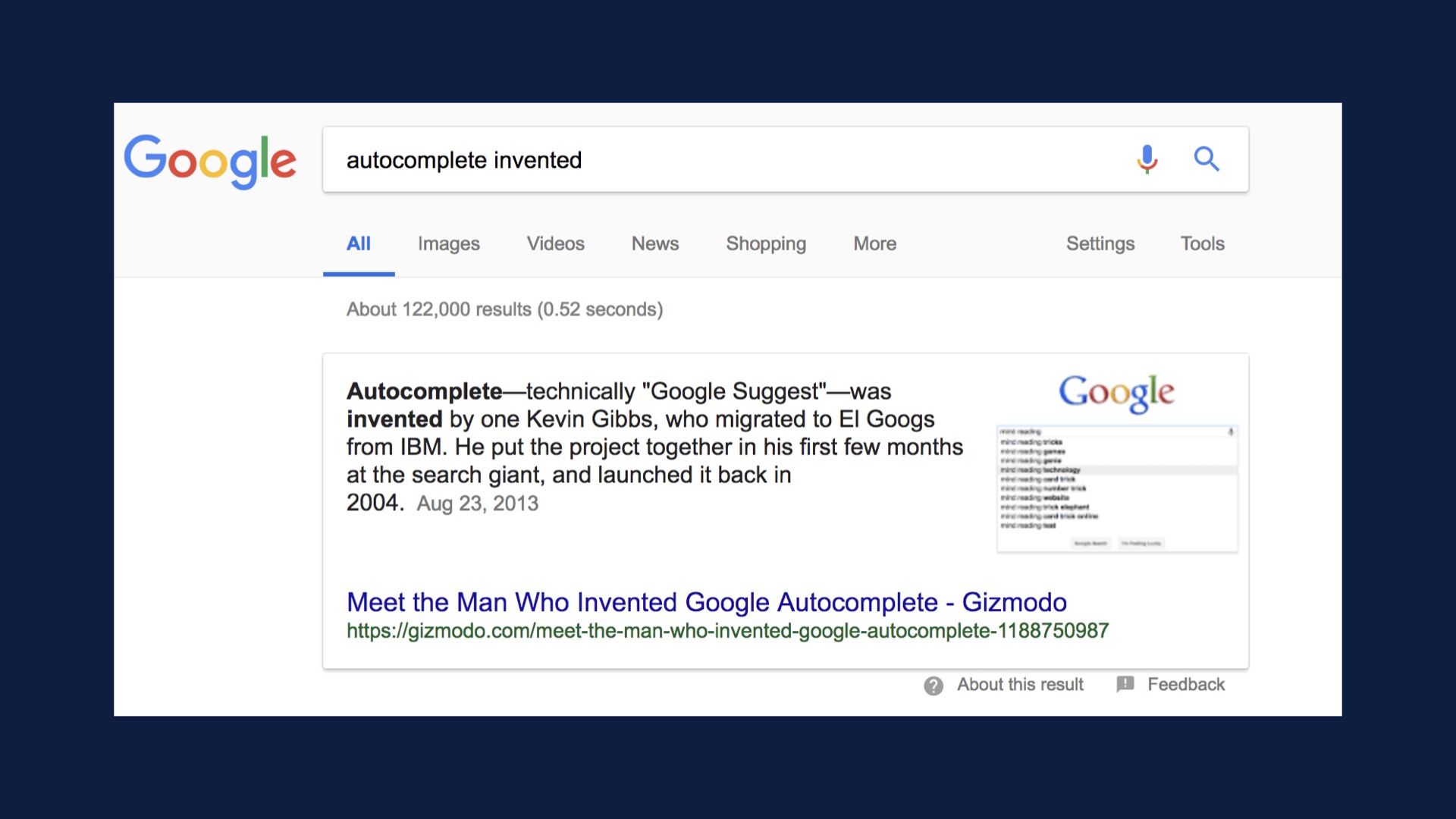 Slide image: Google search result for autocomplete invented