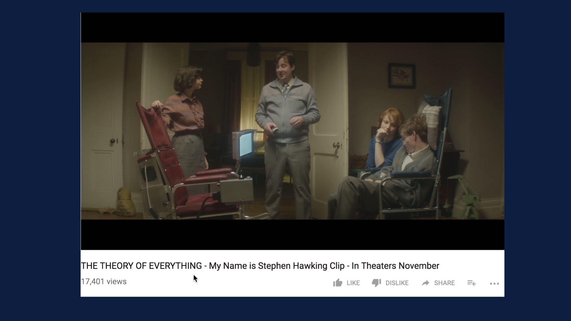 Slide image: a scene from Theory of everything where Intel rep introduces Stephen Hawking and family to new type assist device