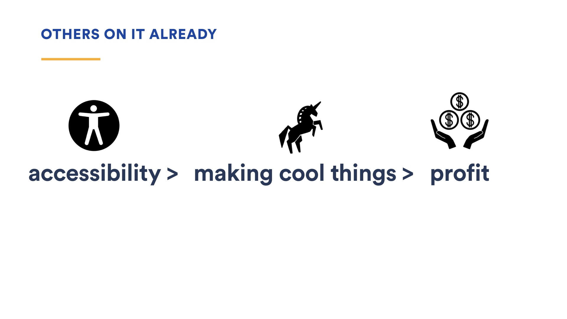 Slide image: accessibility leads to making cool things leads to profit