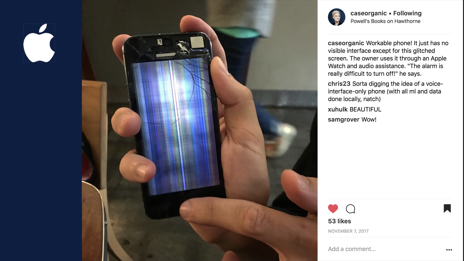 Slide image: Instagram post from Amber Case where someone shows off their very badly smashed phone that is tsill functional without the screen working