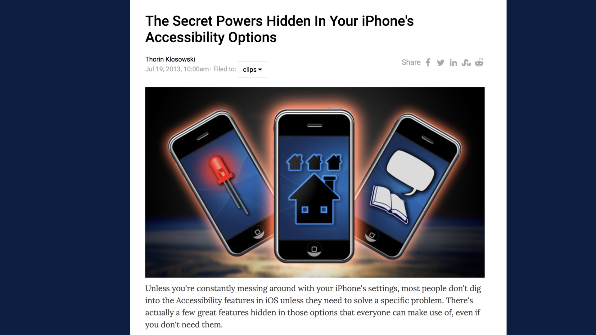 Slide image: image of a lifehacker article The Secret Powers Hidden in Your iPhone's Accessibility Options